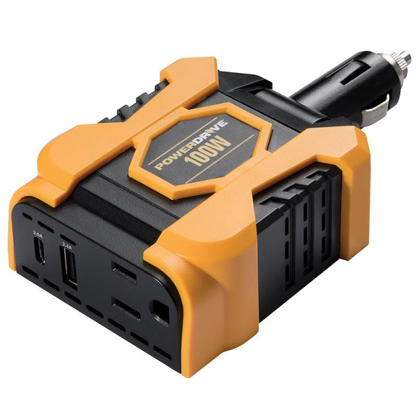 Powerdrive 100 Watt Direct Plug Power Inverter with 1 AC, USB 2.4A and USB-C 3.0A Ports