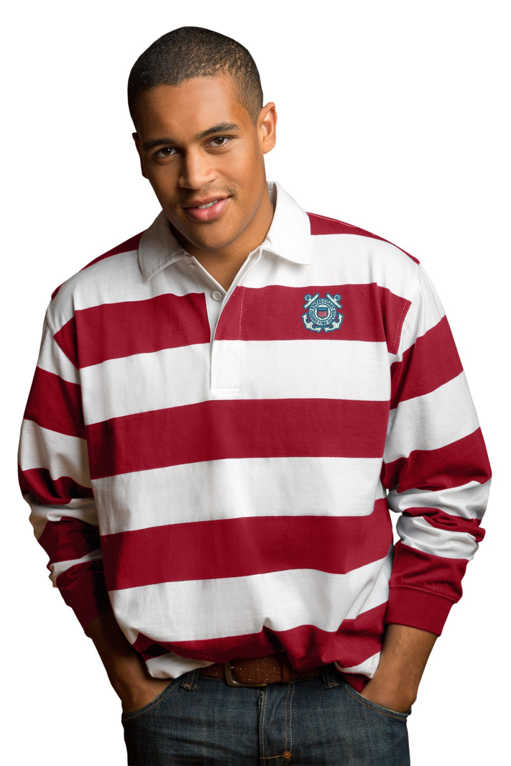 Coast Guard Mens Striped Rugby Long Sleeve Polo Shirt