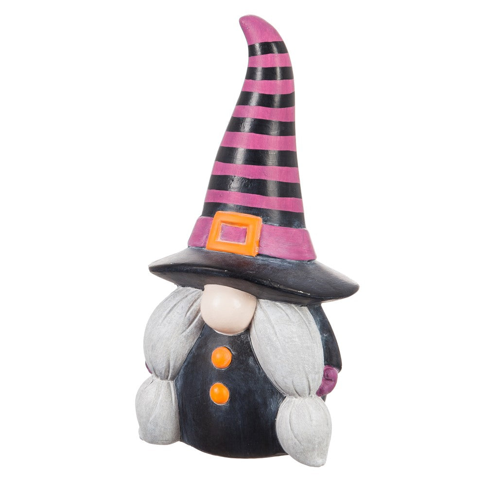 Evergreen 9" Ceramic Witchy Gnome with Purple and Black Striped Hat Garden Statuary