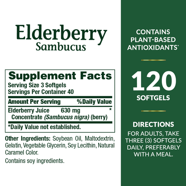 Nature's Bounty Elderberry Softgels - 630mg - 120 Count