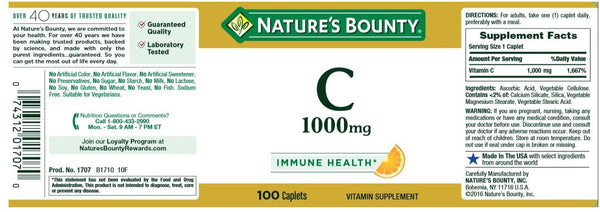 Nature's Bounty Vitamin Pure Vitamin C Supplement Caplets - 1000mg - 100 Count