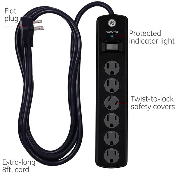 GE 6-Outlet Power Strip Surge Protector Extra-Long Cord 8ft