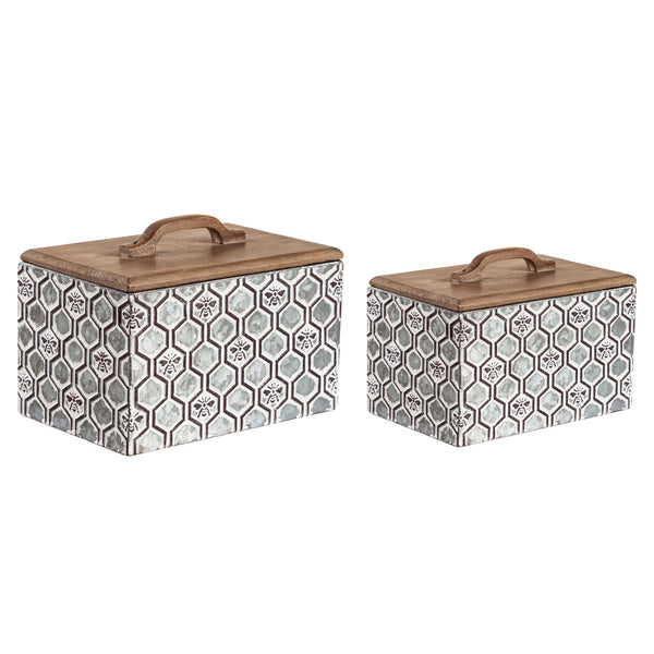 Evergreen Nested Embossed Metal Storage Box with Wood Lid - Set of 2