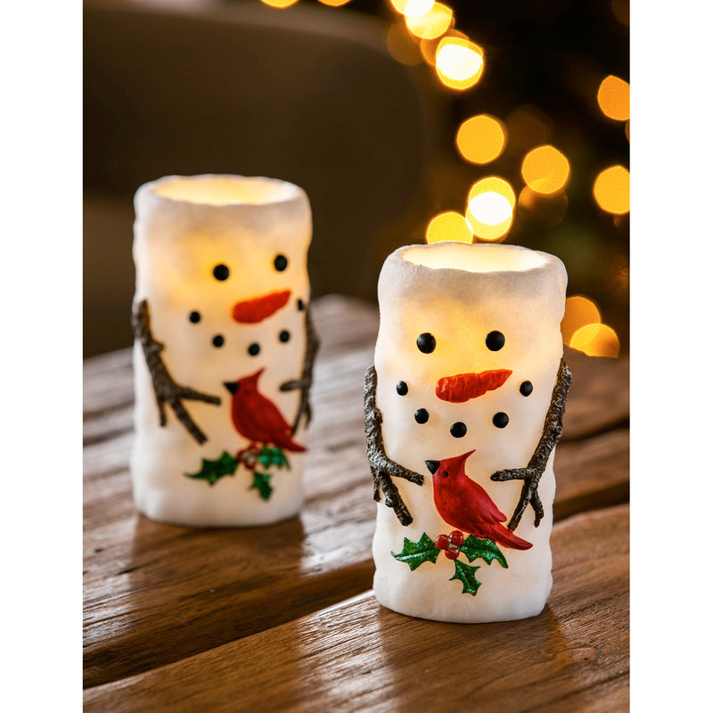 Evergreen Led Wax Pillar Snowman & Friend Candle