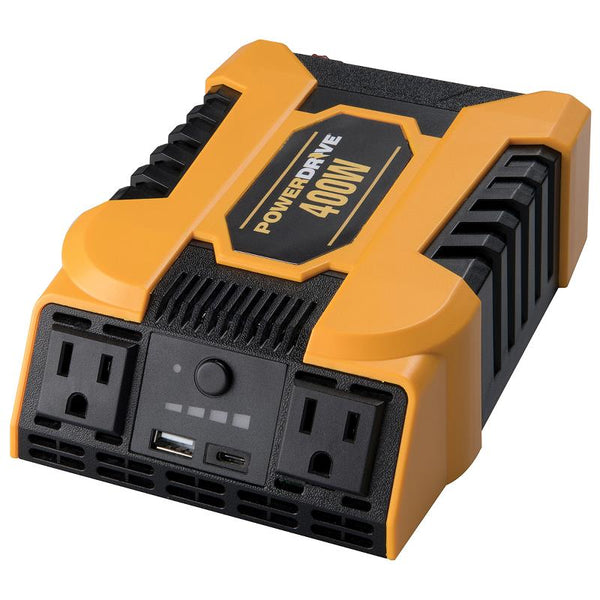 PowerDrive 400 Watt Power Inverter with 2 AC outlets and Dual ports, USB 2.4A and USB-C 3.0A