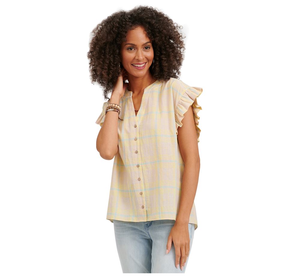 Democracy Womens Ruffle Short Sleeve Plaid Top
