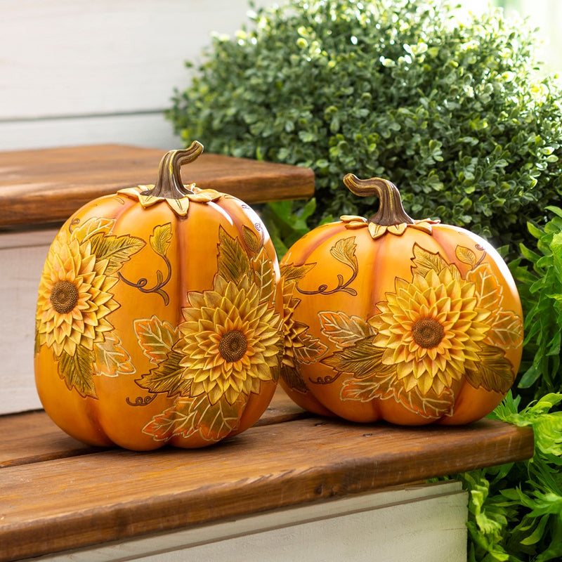 Plow & Hearth Carved Pumpkins with Sunflowers - Set of 2