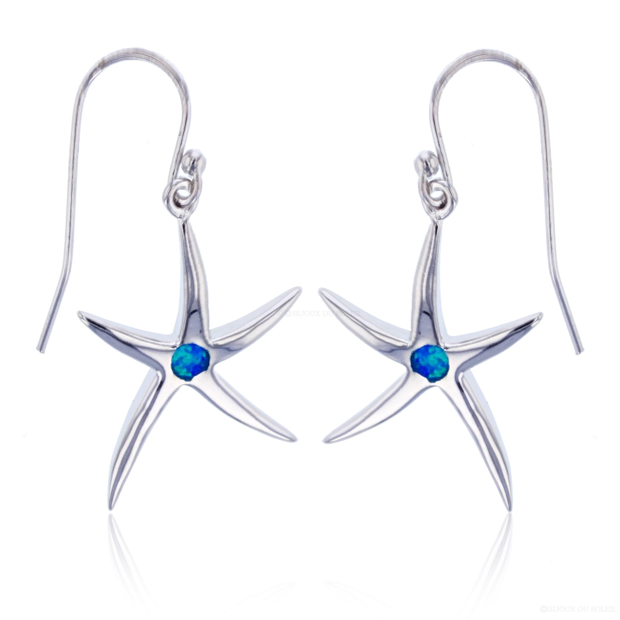 Bijoux Du Soleil Rhodium Polished Created Blue Opal Star Dangling Fish Hook Earrings