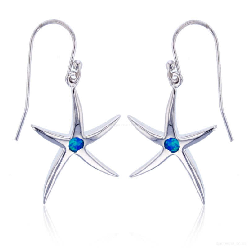 Bijoux Du Soleil Rhodium Polished Created Blue Opal Star Dangling Fish Hook Earrings