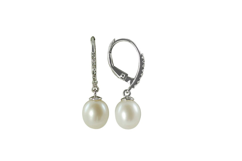 Imperial Pearls Round Shape Cultured Freshwater Pearl /White Topaz Leverback Earrings - Sterling Silver - 7.5-8mm