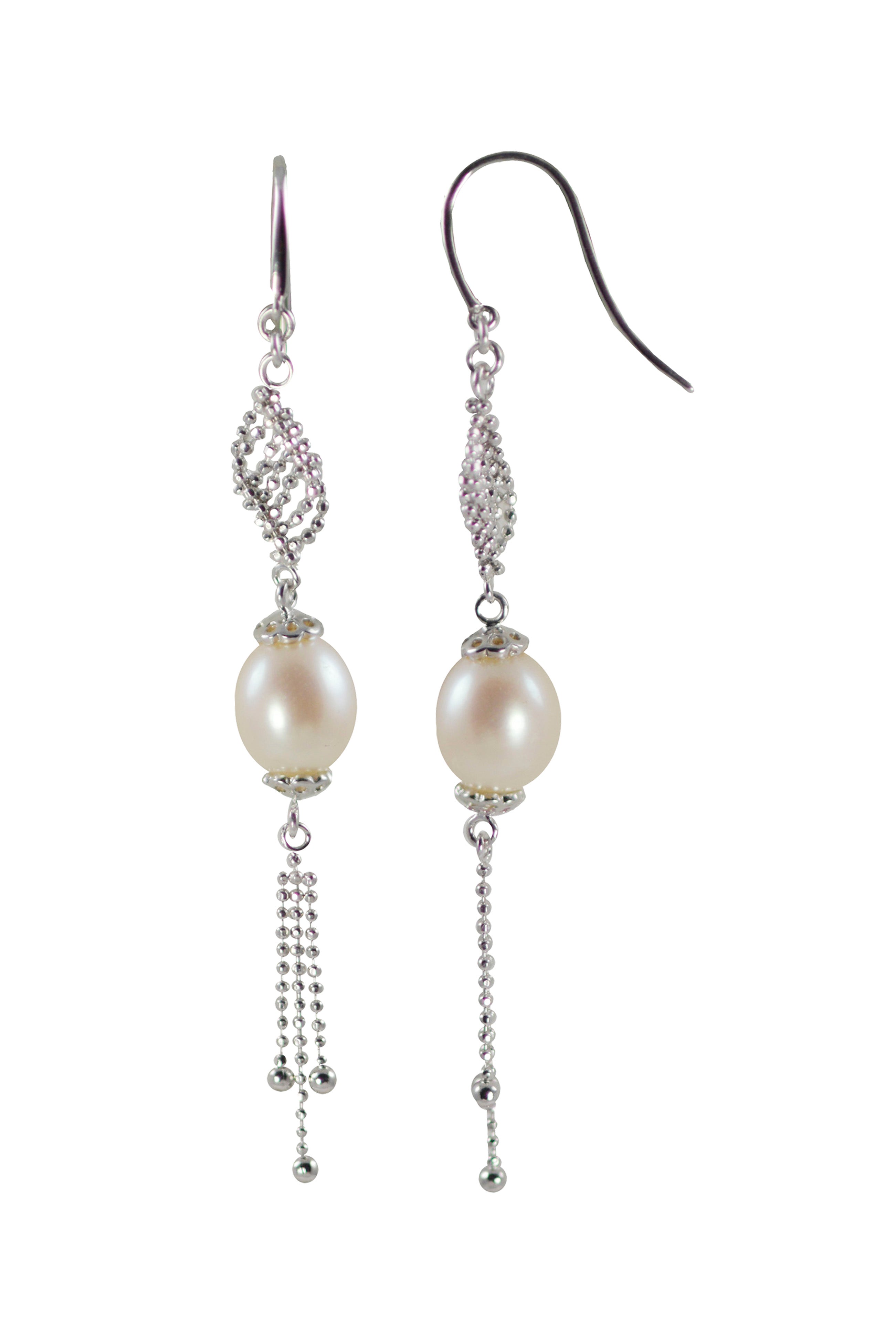 Imperial Pearls Imperial Lace Rice Shape Freshwater Cultured Pearl Swirl Twist Station Drop Fishhook Earrings - Rhodium Finish Sterling Silver - 8-9MM