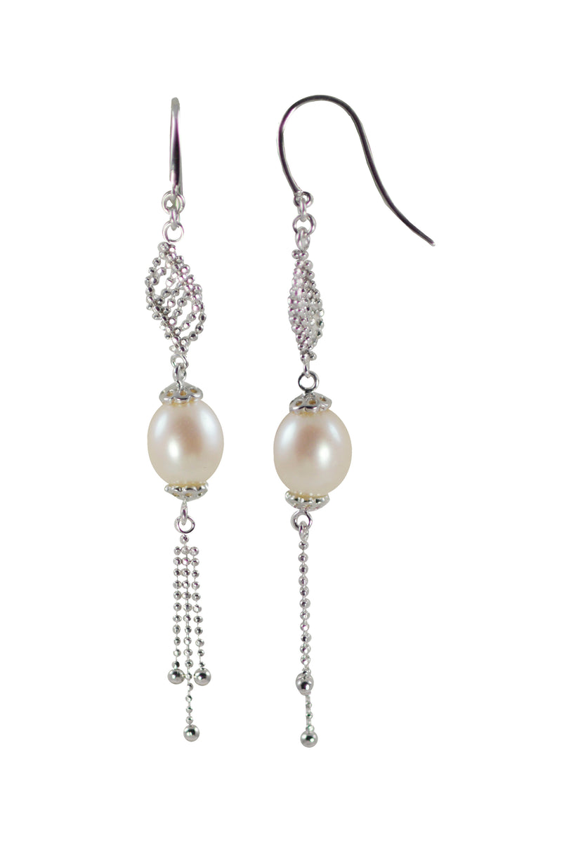Imperial Pearls Imperial Lace Rice Shape Freshwater Cultured Pearl Swirl Twist Station Drop Fishhook Earrings - Rhodium Finish Sterling Silver - 8-9MM