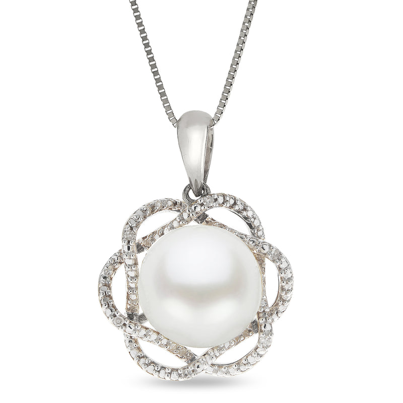 Imperial Pearls Button Shape Freshwater Cultured Pearl/Diamond Accents Flower Pendant with 18" Fine Rope Chain - Sterling Silver - 9-10MM