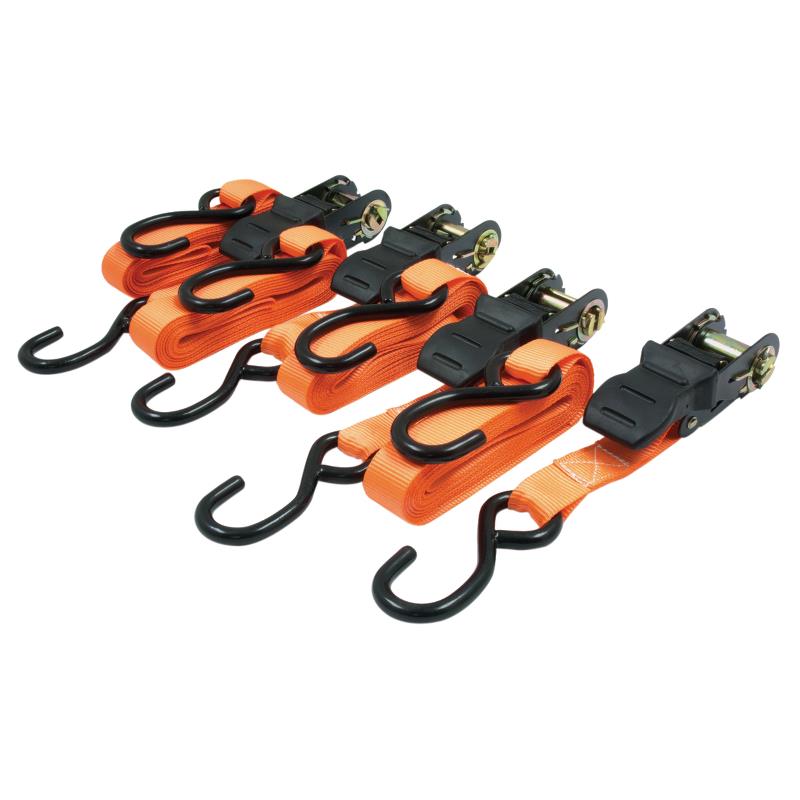 RoadPro 1x15' Ratchet Tie-Downs with Anti-Scratch Hooks 4 Piece - Orange