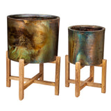 Evergreen Metallic Patina Planter with Wood Stand - Set of 2