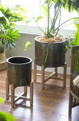 Evergreen Metallic Patina Planter with Wood Stand - Set of 2