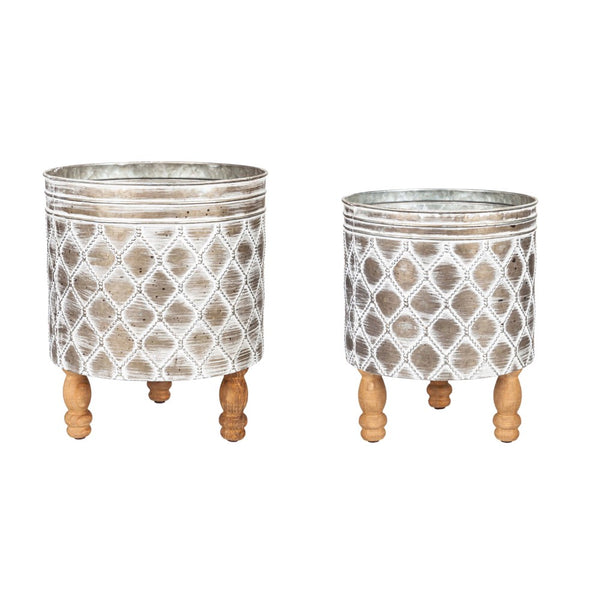 Evergreen Embossed Metal Planter with Wood Legs - Set of 2
