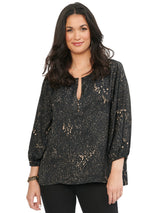 Democracy Womens 3/4 Sleeve Half Placket Splatter Print Black Woven Top