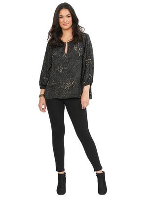 Democracy Womens 3/4 Sleeve Half Placket Splatter Print Black Woven Top