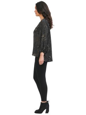 Democracy Womens 3/4 Sleeve Half Placket Splatter Print Black Woven Top