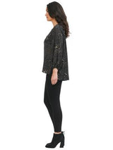 Democracy Womens 3/4 Sleeve Half Placket Splatter Print Black Woven Top