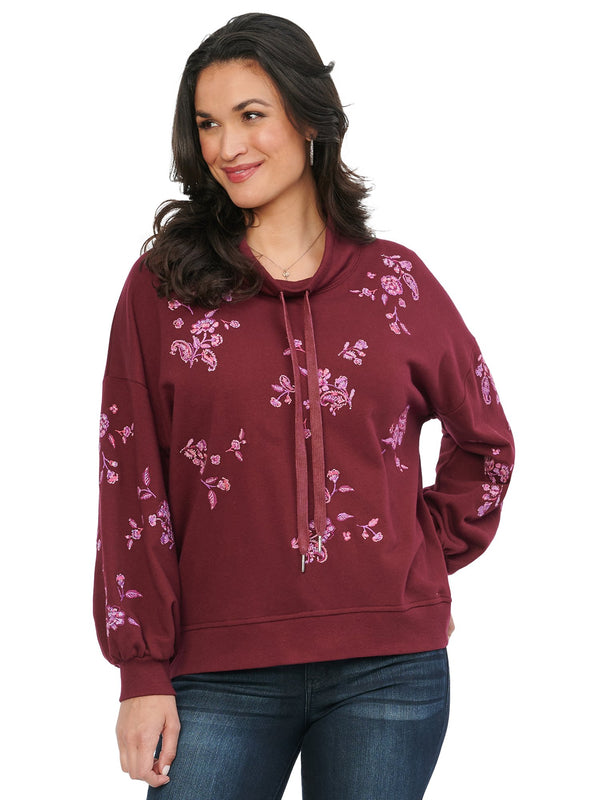 Democracy Womens Blouson Sleeve Funnel Neck Floral Embroidered Sweatshirt