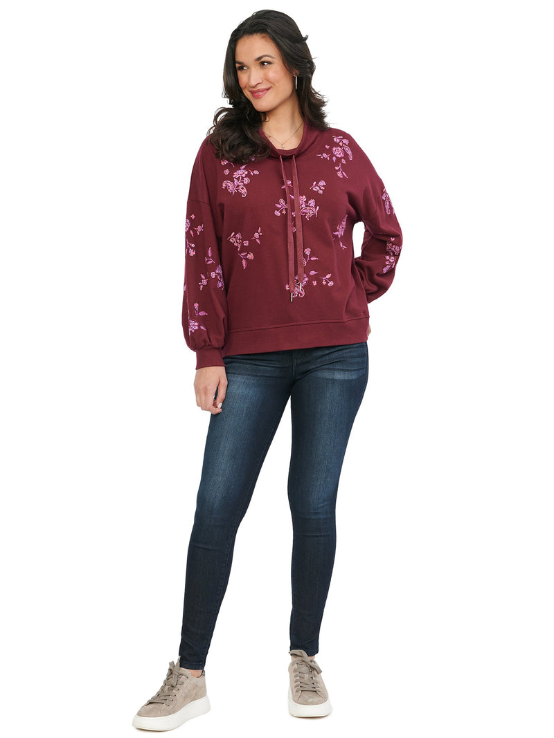 Democracy Womens Blouson Sleeve Funnel Neck Floral Embroidered Sweatshirt
