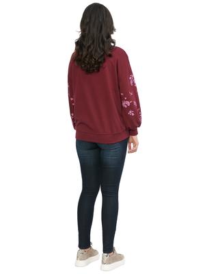 Democracy Womens Blouson Sleeve Funnel Neck Floral Embroidered Sweatshirt