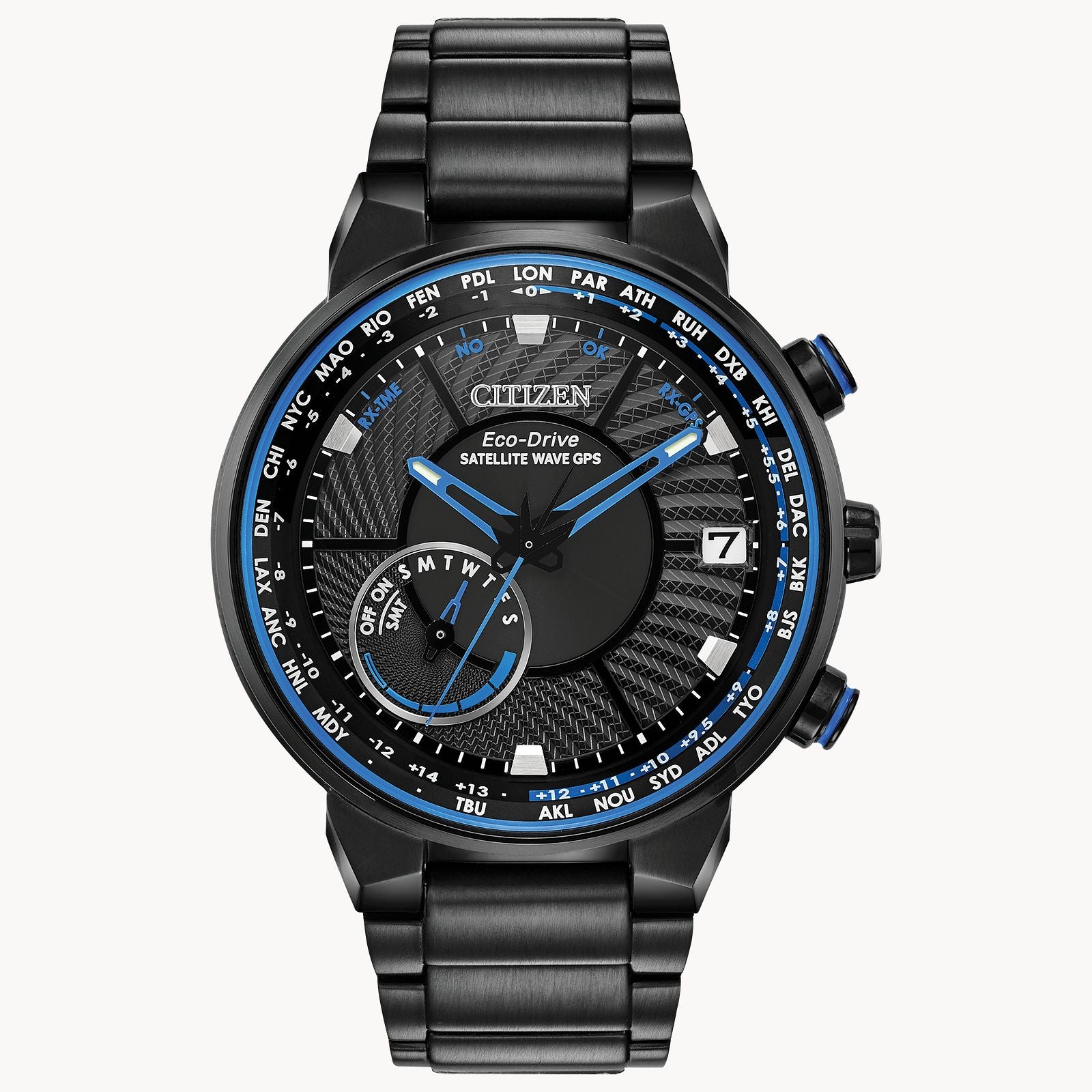 Citizen Mens Satellite Wave GPS Freedom Eco-Drive Watch - Black Stainless Steel Bracelet