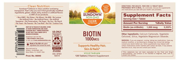 Sundown Naturals Biotin Vitamin Supplement 1000 MCG Tablets - 120 Count