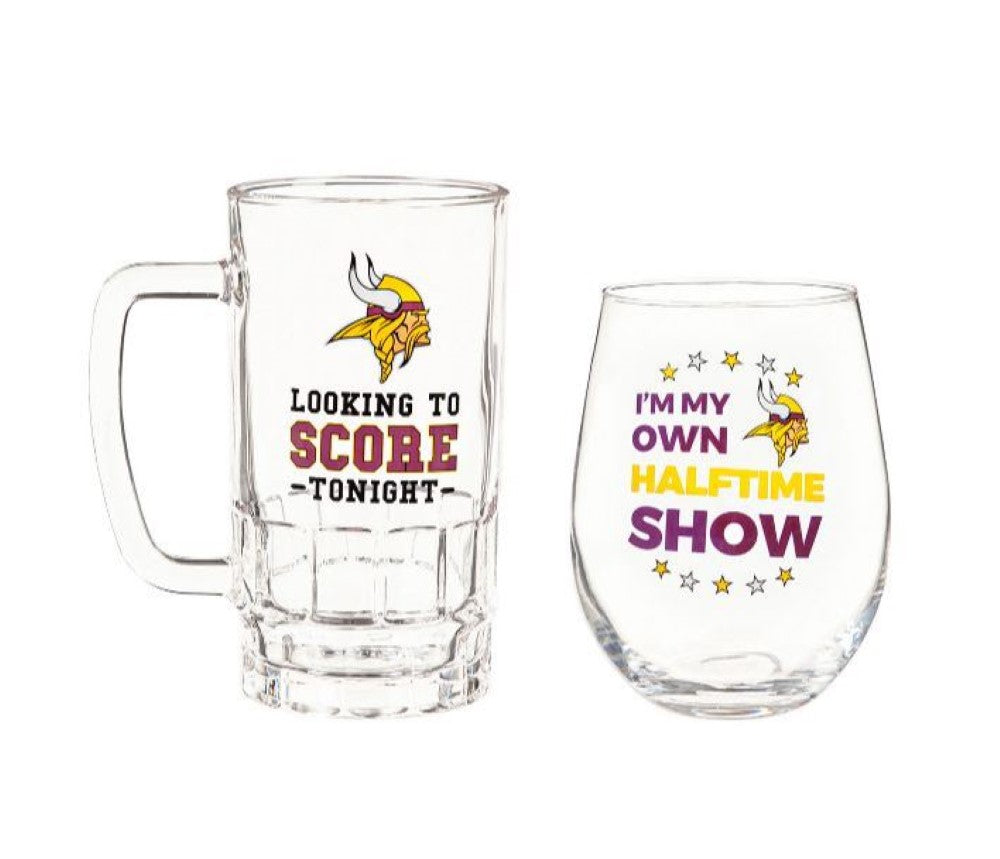 Team Sports America Minnesota Vikings Beer Mug & Stemless Wine Glass Gift Set