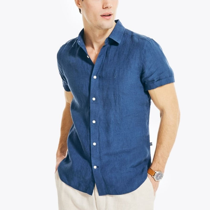 Nautica Mens Linen Solid Woven Short Sleeve Shirt