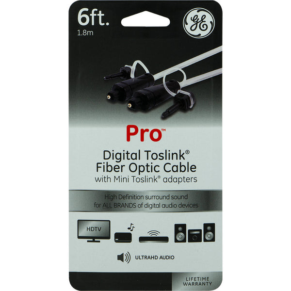 GE Pro Digital TOSLINK Fiber Optic Cable with Mini TOSLINK Adapters 6 inch