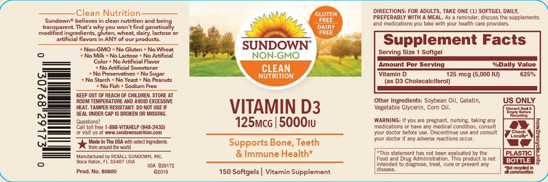 Sundown Naturals Vitamin D3 Vitamin Supplement Softgels 5000 IU - 150 count