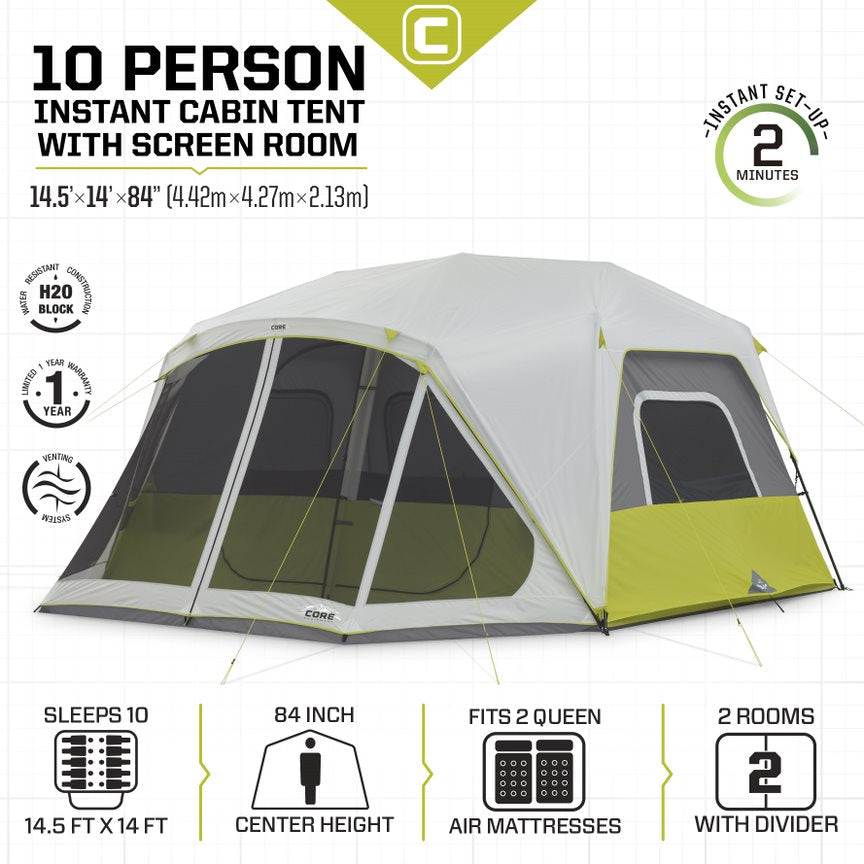 core tent 10 person Core 10P Instant Cabin Tent w/ Screen Room – ShopCGX