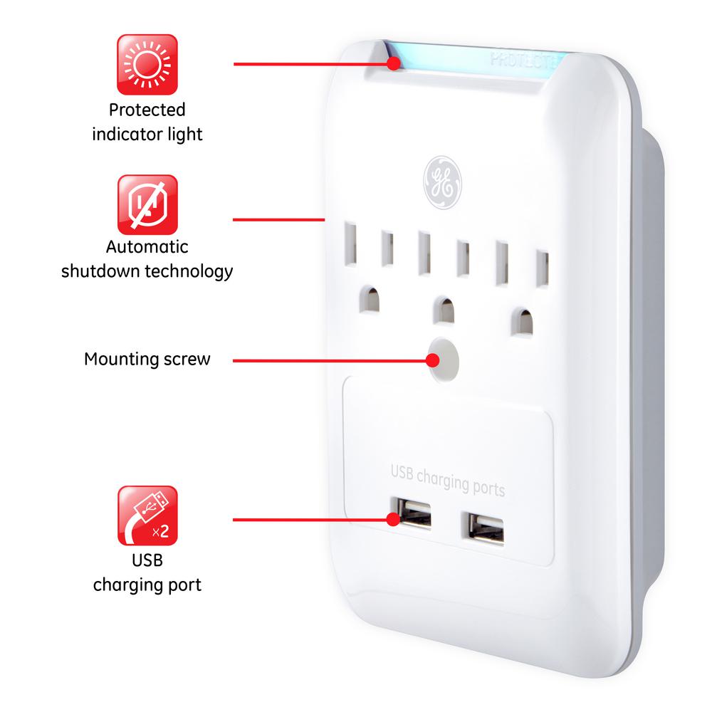 GE 3-Outlet 2 USB Rapid Charging Port Pro Surge Protector Tap