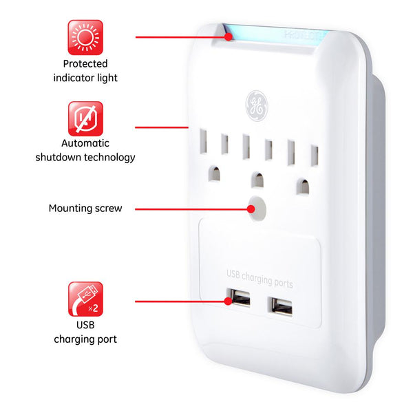 GE 3-Outlet 2 USB Rapid Charging Port Pro Surge Protector Tap