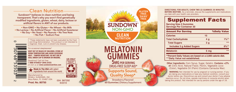 Sundown Naturals Melatonin Dietary Supplement Strawberry Gummies - 60 Count