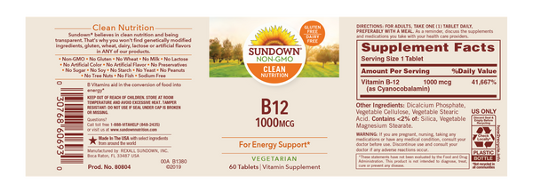 Sundown Naturals Vitamin B-12 Vitamins Supplement Tablets - 1000MCG - 60 Count