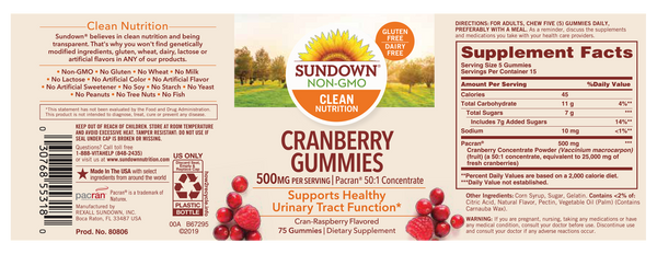 Sundown Naturals Cranberry Dietary Supplement Gummies - 500mg - 75 Count