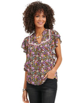 Democracy Womens Cascade Sleeve Embroidered Floral Short Sleeve Top